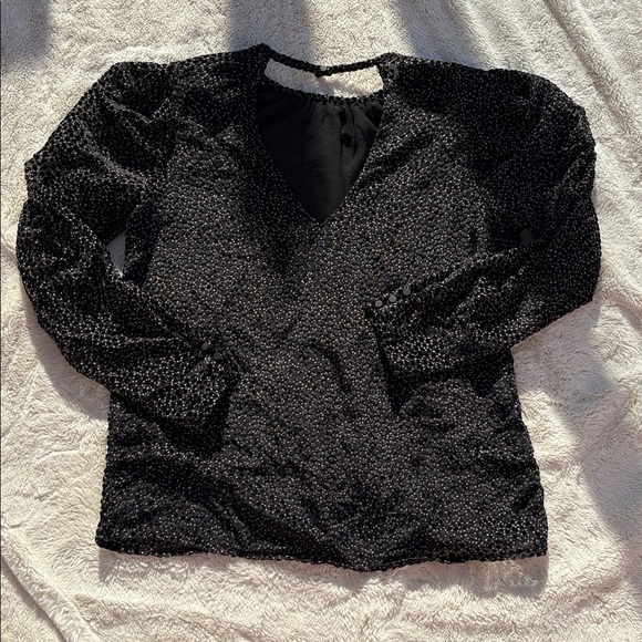 Express Black White Velvet Detail Blouse Small | Sheer Long Sleeve Party Top - Picture 5 of 7